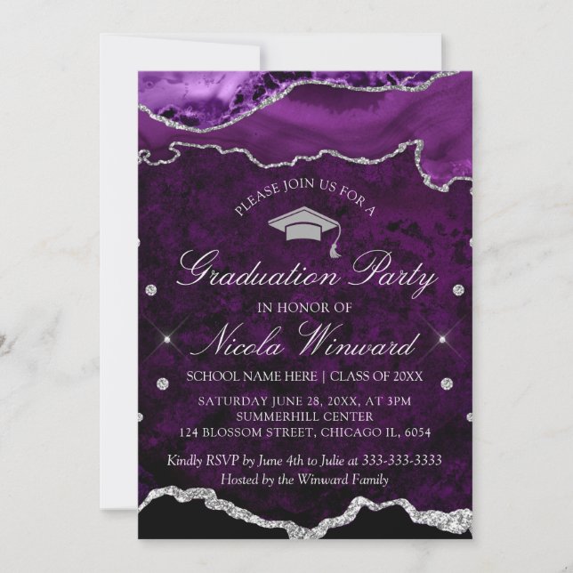 Modern Purple Marble Agate Graduation Party Invitation (Front)