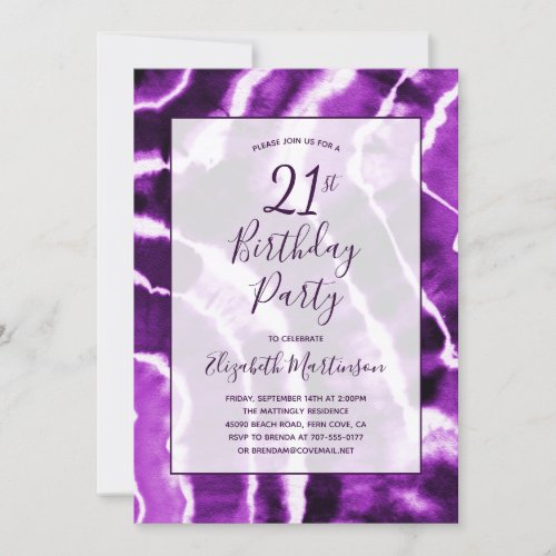 Modern Purple Marble Tie Dye 21st Birthday Party Invitation