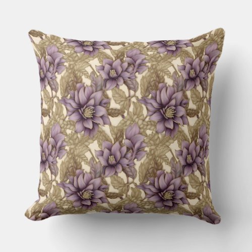Modern purple mauve and gold flowers brown throw pillow