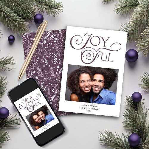 Modern Purple Mauve Pattern Joyful Christmas Photo Holiday Card