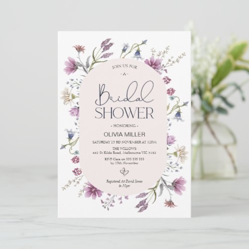 Modern Purple Mauve Wildflowers Bridal Shower Invitation