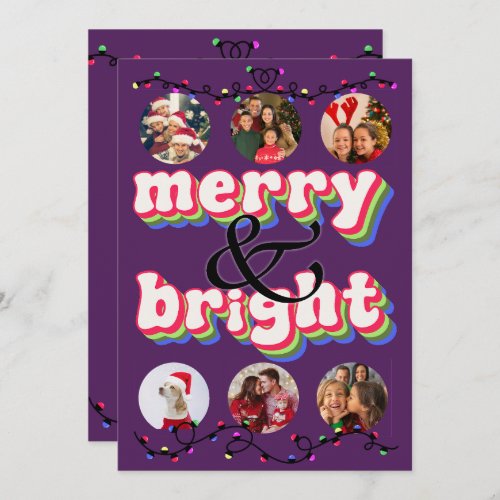 Modern Purple Merry and Bright 6 Photo Christmas Holiday Card