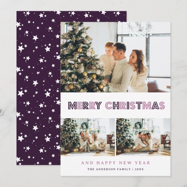 Modern Purple Merry Christmas Photo Holiday Card (Front/Back)