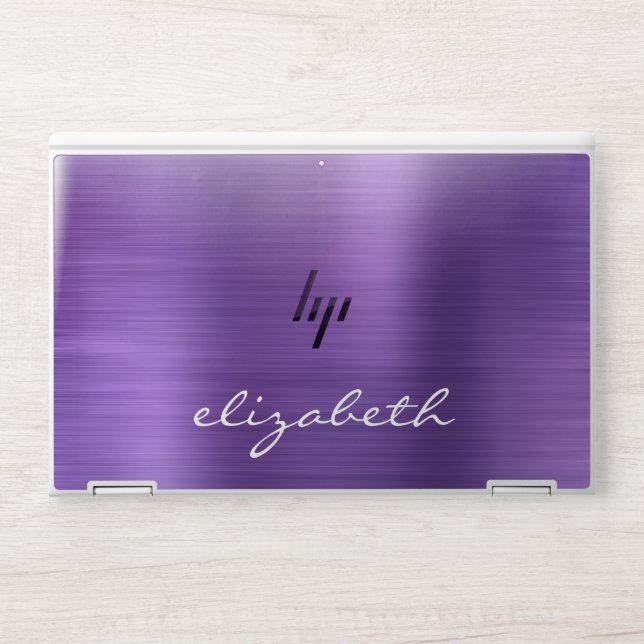 Modern Purple Metallic Handwriting Monogram HP Laptop Skin (Front)