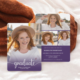 Modern Purple minimal 4-Photo script Graduation Invitation