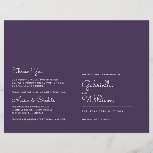 Modern Purple Minimalist Script Wedding Program (Front)