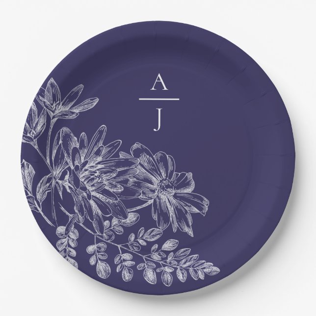 Modern Purple Monogram Floral Paper Plate (Front)