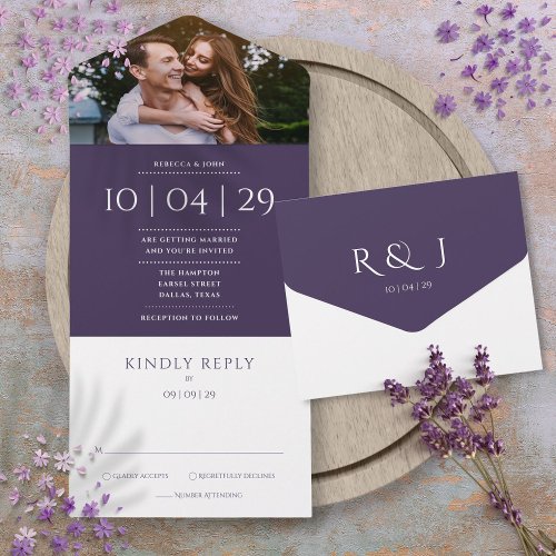 Modern Purple Monogram Photo Wedding Date All In One Invitation