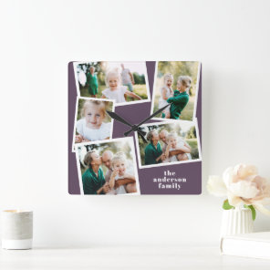 Modern purple multi photo family home decor square wall clock