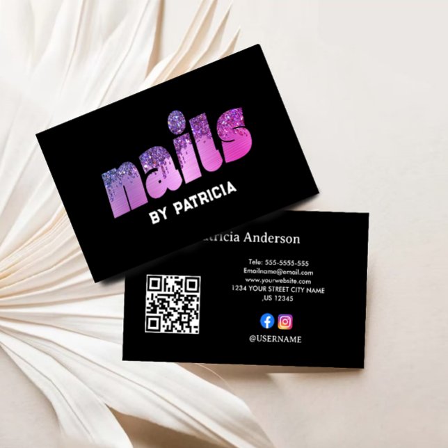 Modern Purple Nails Glitter Drips Script Nail Tech Business Card (Modern Purple Nails Glitter Drips Script Nail Tech Business Card)