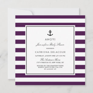 Modern Purple Nautical Stripes Baby Shower Invitation