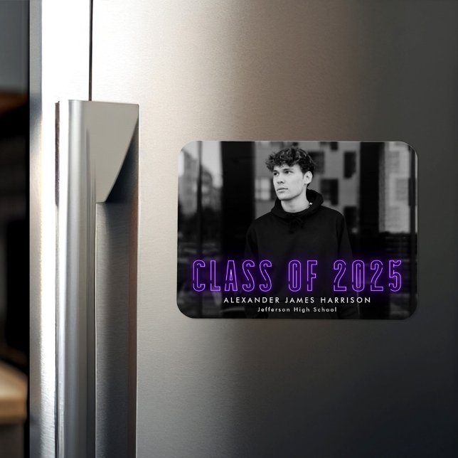 Modern Purple Neon Class of 2025 Photo Graduation Magnet (Creator Uploaded)