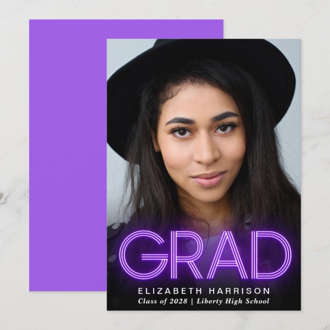 Modern Purple Neon Graduation Announcement (Front/Back)