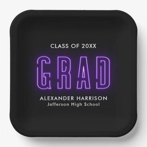 Modern Purple Neon Graduation Paper Plates