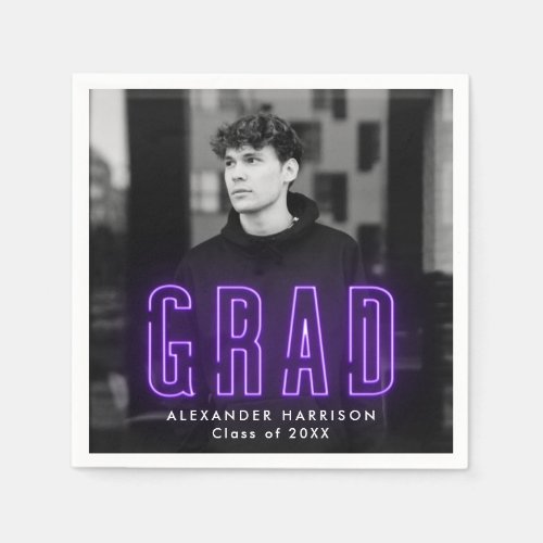 Modern Purple Neon Photo Graduation Napkins