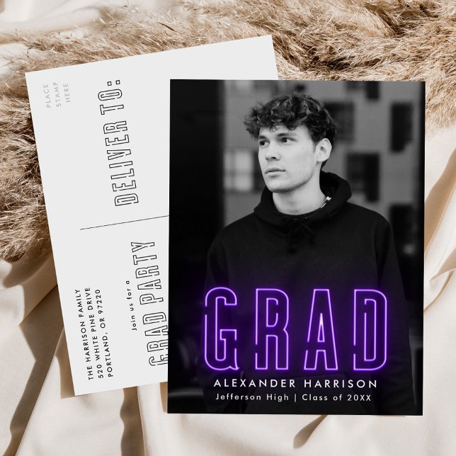 Modern Purple Neon Photo Graduation Party Invitation Postcard (Creator Uploaded)
