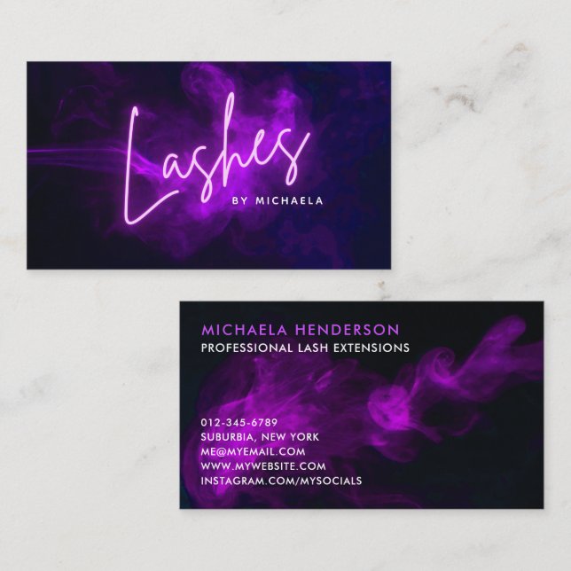 Modern Purple Neon & Smoke Lash/Eyelash Extensions Business Card (Front/Back)