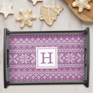 Modern Purple Nordic Sweater Knit Monogram Holiday Serving Tray