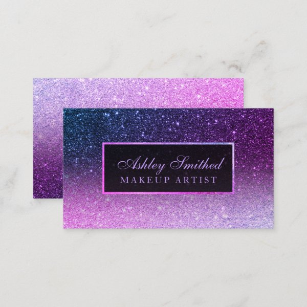 Modern purple ombre blue glitter chic ombre makeup business card