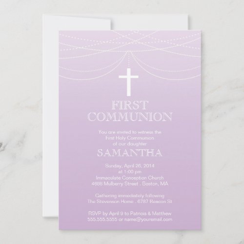 Modern Purple Ombre Garland Cross Communion 5x7 Paper Invitation Card