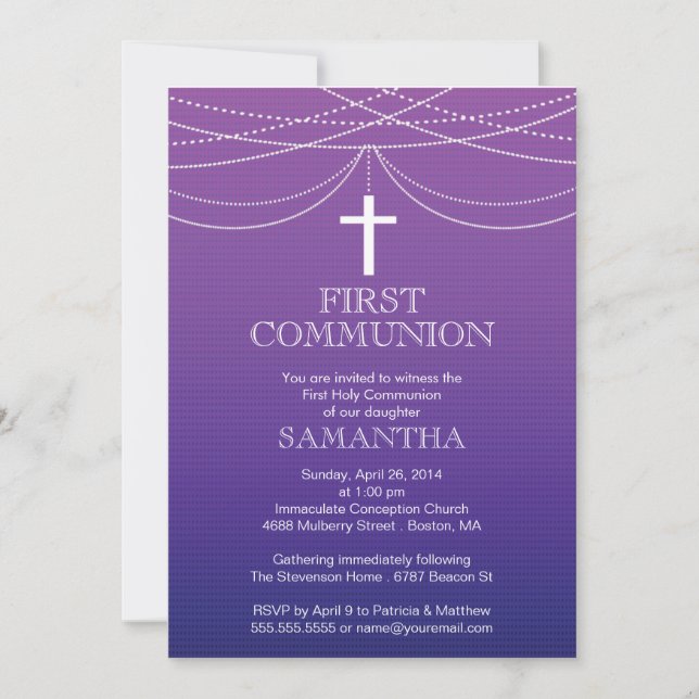 Modern Purple Ombre Garland Cross Communion Invitation (Front)