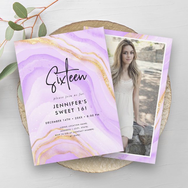 Modern Purple Ombre Marble Photo Sweet 16   Invitation (Modern Purple Ombre Marble Photo Sweet 16 Invitation)