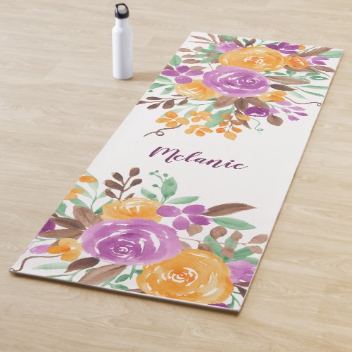 Modern purple orange floral watercolor name yoga mat