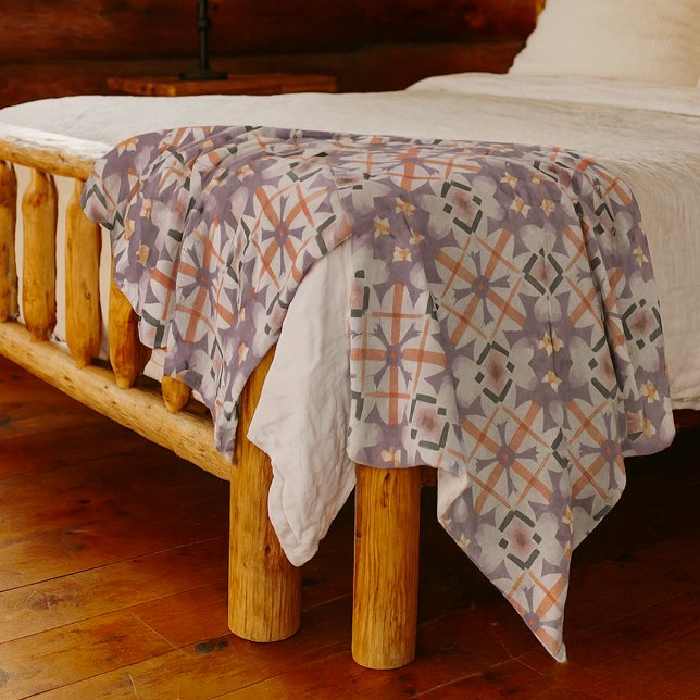 Modern Purple Orange Tribal Mosaic Art Pattern Fleece Blanket (Creator Uploaded)