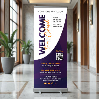 Modern Purple & Orange Welcome To Our Church Retractable Banner