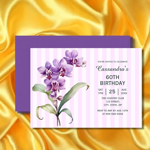Modern Purple Orchid Stripes Floral 60th Birthday  Invitation