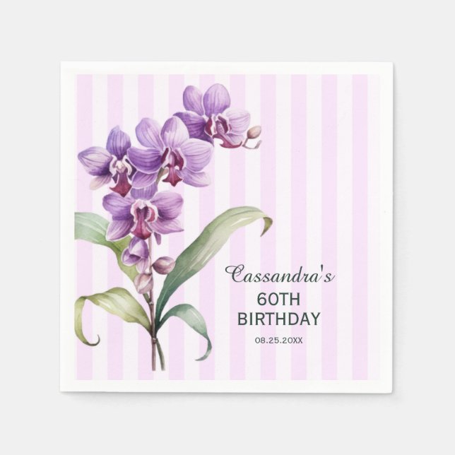 Modern Purple Orchid Stripes Floral 60th Birthday  Napkins (Front)
