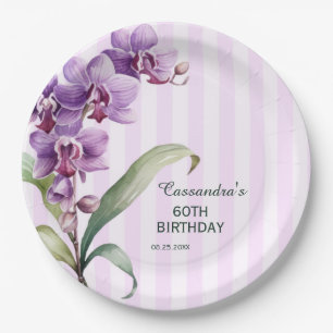 Modern Purple Orchid Stripes Floral 60th Birthday  Paper Plates