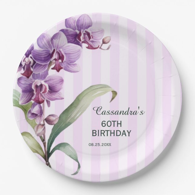 Modern Purple Orchid Stripes Floral 60th Birthday  Paper Plates (Front)