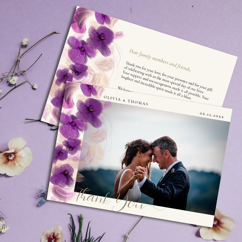 Modern Purple Orchids Gold Wedding Photo Thank You