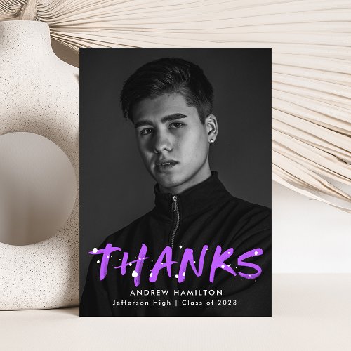 Modern Purple Paint Splatter Photo Graduation Thank You Card