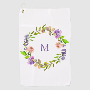 Modern Purple Peach Floral Wreath Monogram Golf Towel