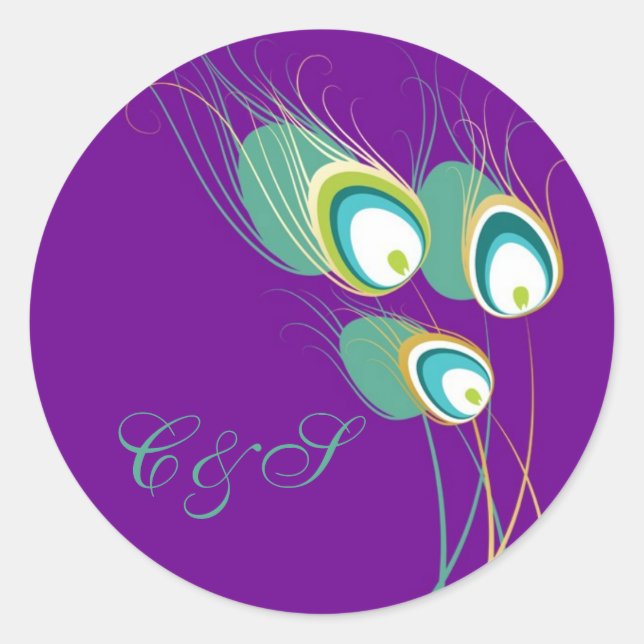 Modern Purple Peacock Wedding Favor Stickers (Front)