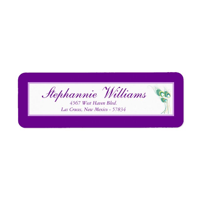Modern Purple Peacock Wedding Return Address Label (Front)