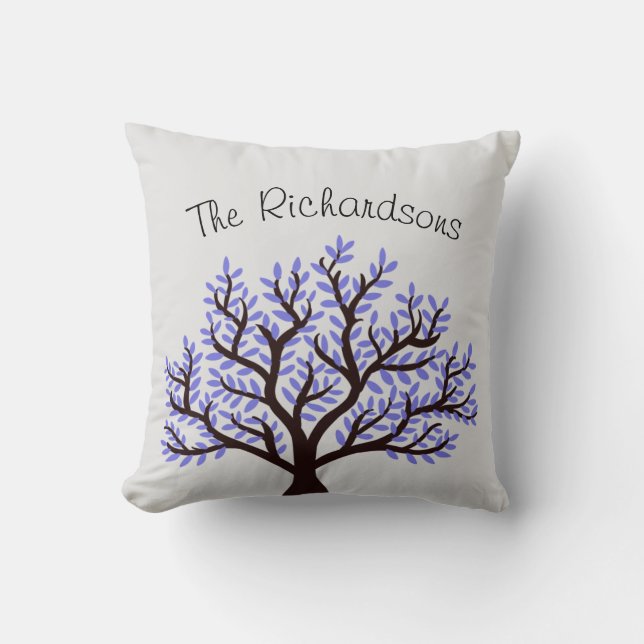 Modern Purple Personalized Family Name Tree Throw Pillow (Front)