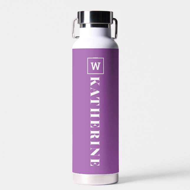 Modern Purple Personalized Name Monogram Simple Water Bottle (Front)