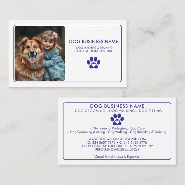 Modern Purple Pet Sitting Photo Paw Print Business Card (Front/Back)