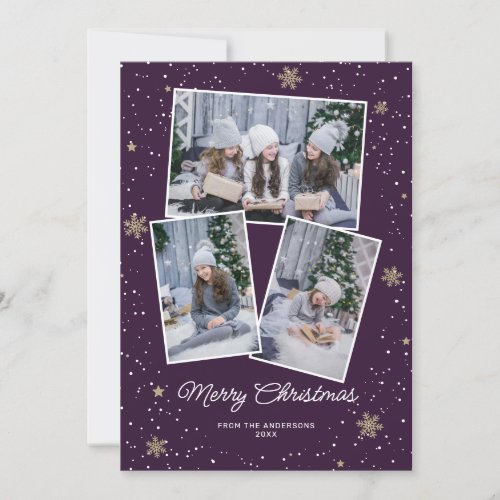 Modern Purple Photo Collage Merry Christmas Card