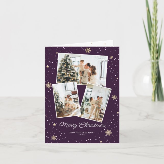 Modern Purple Photo Collage Merry Christmas Card (Front)