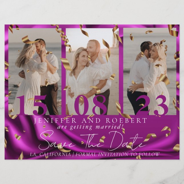 Modern Purple Photo Collage Save the Date Card Flyer (Front)