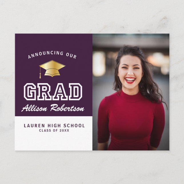 Modern Purple photo graduation announcement Postcard (Front)