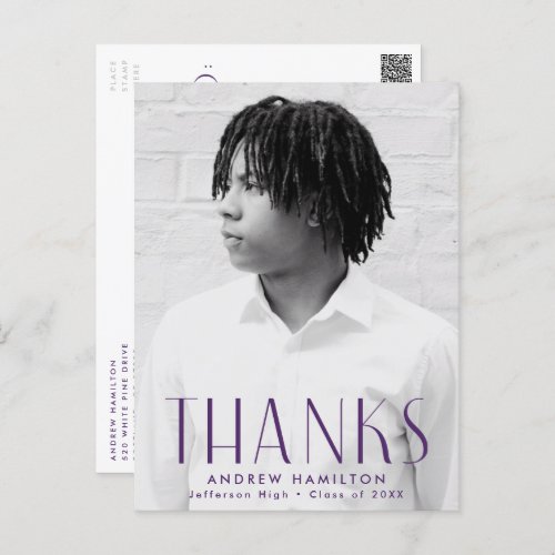 Modern Purple Photo Graduation Thank You Postcard