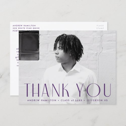 Modern Purple Photo Graduation Thank You Postcard