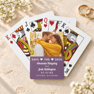 Modern Purple Photo Heart Save the Date Poker Cards