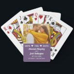 Modern Purple Photo Heart Save the Date Poker Cards<br><div class="desc">Share your engagement photo and save the date on a fun, functional playing card deck your guests will treasure. The purple color block design features a photo area at the top with a charming "Save the Date" header accented by heart icons, the couple's names in elegant calligraphy script, wedding date,...</div>
