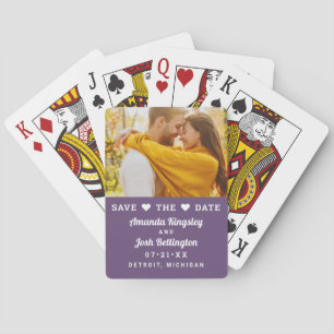 Modern Purple Photo Heart Save the Date Poker Cards